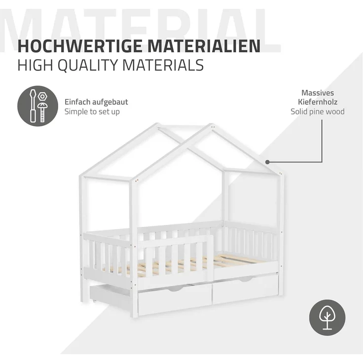 ML-DESIGN Spielbett Hausbett Kinderbett inkl. 2 Schubladen, Lattenrost und Rausfallschutz, Abenteuerbett 70x140cm mit Matratze Himmelbett Kiefer Jugendbett Weiß – Bild 8