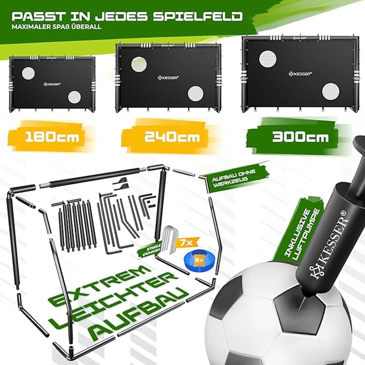 KESSER® Fußballtor, Outdoor Schusstraining, mit Torwand, UV-beständiges Netz, Stahlrahmen mit Polsterung, Erdhaken, Luftpumpe, Montagezubehör für Kinder und Erwachsene, Schwarz, 240cm – Bild 6