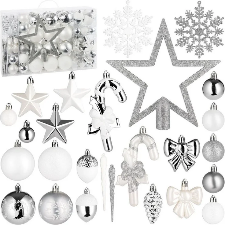BRUBAKER Weihnachtsbaumkugel 101 Stück Premium Christbaumschmuck - Weihnachtskugel Set (101 St), Schneeflocken, Schleifen, Eiszapfen, Eicheln, Sternen Baumschmuck – Bild 5