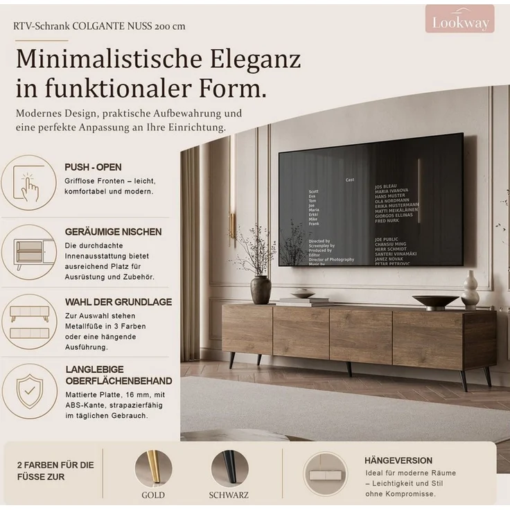 Lookway TV-Schrank COLGANTE in Nussbaum, 200 cm, auf hohen Füßen (2x TV- Schrank) 200 x 40 x 49 cm – Bild 3