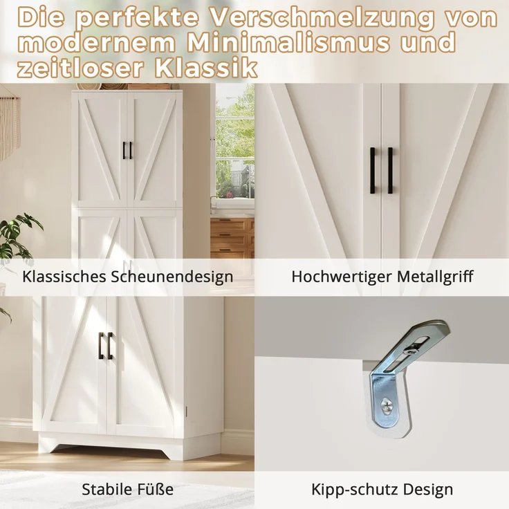 Küchenschrank, hoher Stauraumschrank mit 4 Scheunentor-Türen, Vorratsschrank mit Weinregal und Türregal, Aufbewahrungsschrank für Wohnzimmer und Esszimmer, 80 × 40× 180 cm – Bild 8