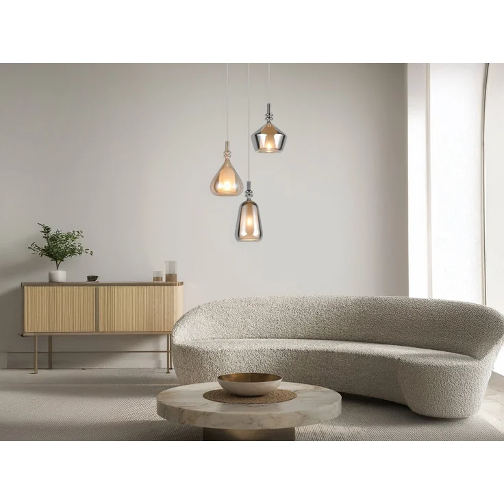 LED Cluster Pendelleuchte 3-flammig Glas Bernstein & Chrom verspiegelt, Ø 35cm – Bild 5