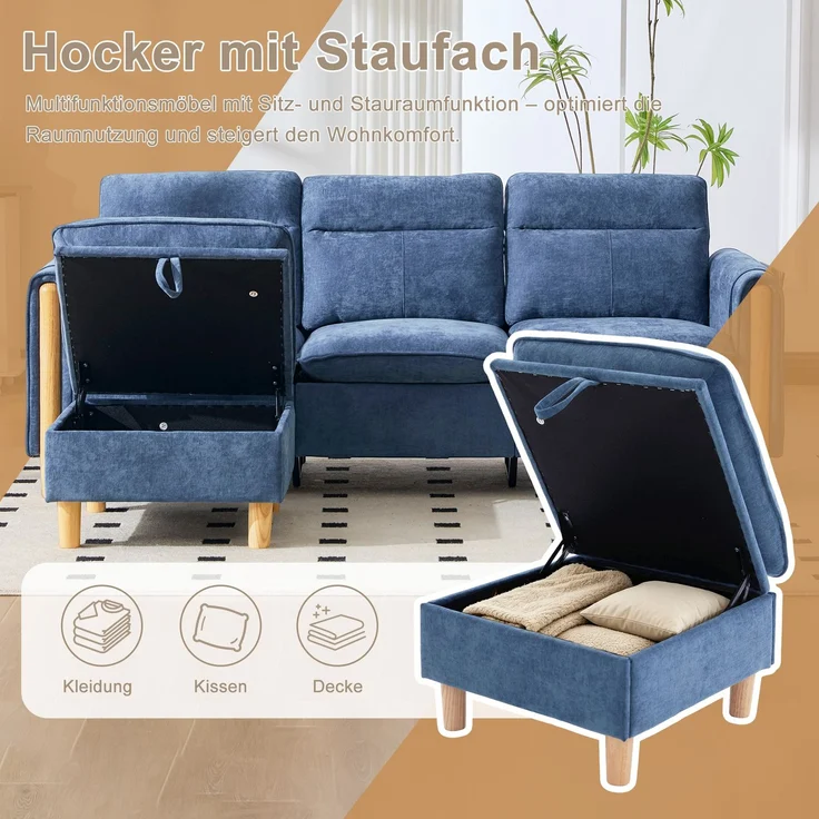 EINHOM Dreisitzige Sofagarnitur im nordischen Stil mit Aufbewahrungshocker, L-förmiges Stoffsofa mit Seitentaschen und Tischbeinen aus Holz, ideal für Wohnzimmer und kleine Räume (Blauer Chenille) – Bild 6
