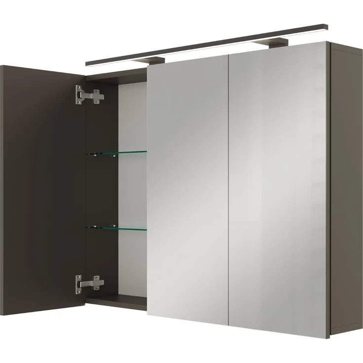 Planetmöbel ARIA Spiegelschrank Bad mit Beleuchtung 90 cm breit | Badschrank hängend mit Spiegel | Anthrazit, mit Leuchte und Steckdose, Spiegelschrank Gäste WC 90 x 70 x 16 cm