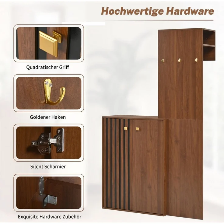 Yorbay Garderoben-Set 2-ST mit Stauraum, 115cm Breit Flurgarderobe mit Haken&Kleiderstange, Kompaktgarderobe (Schuhschrank+Flurgarderobe), Vintage Braun – Bild 3