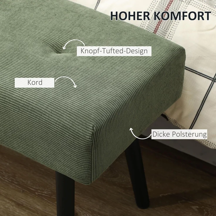 HOMCOM Polsterbank Sitzbank mit Cordbezug, Metallbeinen, Flurmöbel, 220 kg belastbar (Schuhbank, 1-St, getuftete Bettbank), für Schlafzimmer, Wohnzimmer, Flur 100 x 36 x 45 cm Grün – Bild 4