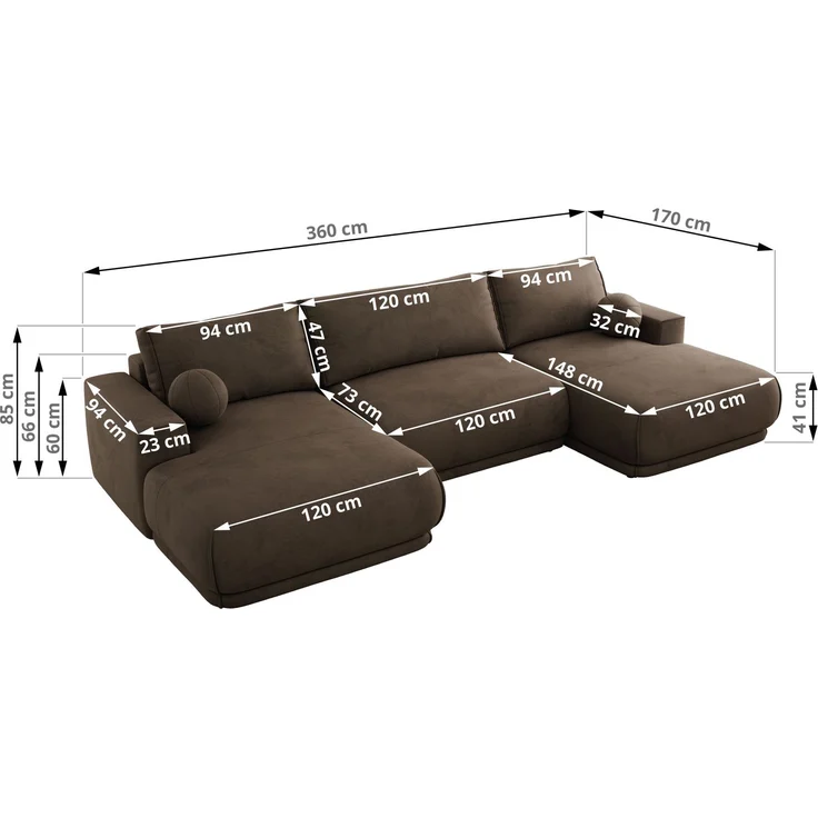 XXL Wohnlandschaft RINA U-Form 360 cm breit, Sofa mit Schlaffunktion & DL-Mechanismus, Wellenfederung, modern freistehend - Braun Velvet – Bild 7