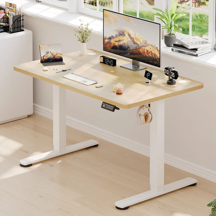 Devoko Hohenverstellbarer Schreibtisch Holzwerkstoff Beige 110 x 60 x 73-118 cm – Bild 1