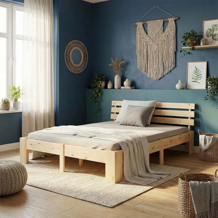 Holzbett mit 2 Federkernmatratzen 180x200 Jugendbett Doppelbett Bett Holzbettrahmen Natur Massiv Holz Lattenrost – Bild 2