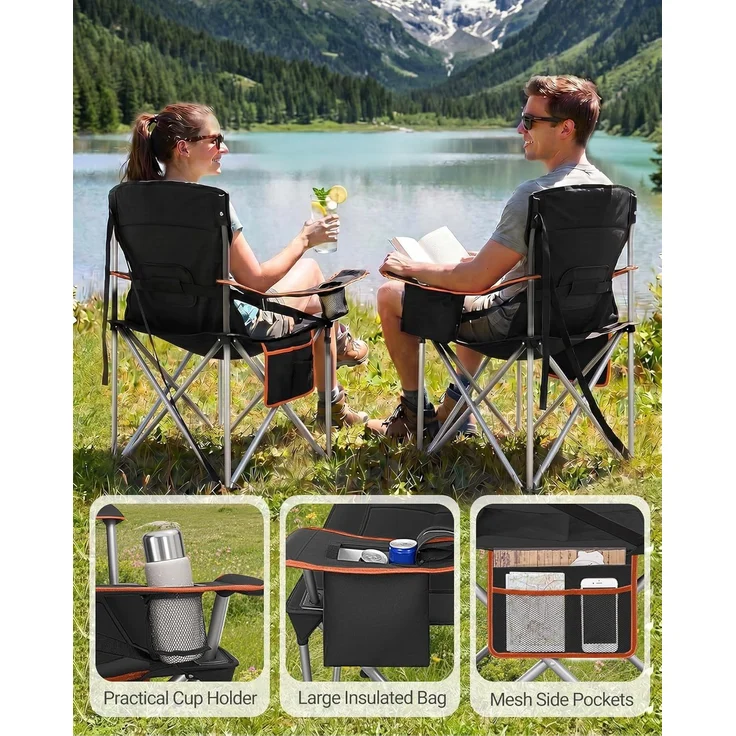 Campingstuhl, 220 KG Campingstuhl Faltbar mit Kühltasche, Getränkehalter, Tragetasch, Hochlehner Bequem Gepolste, Anglersessel Klappstuhl Garten Balkon Strand, Schwarz und Orange – Bild 6