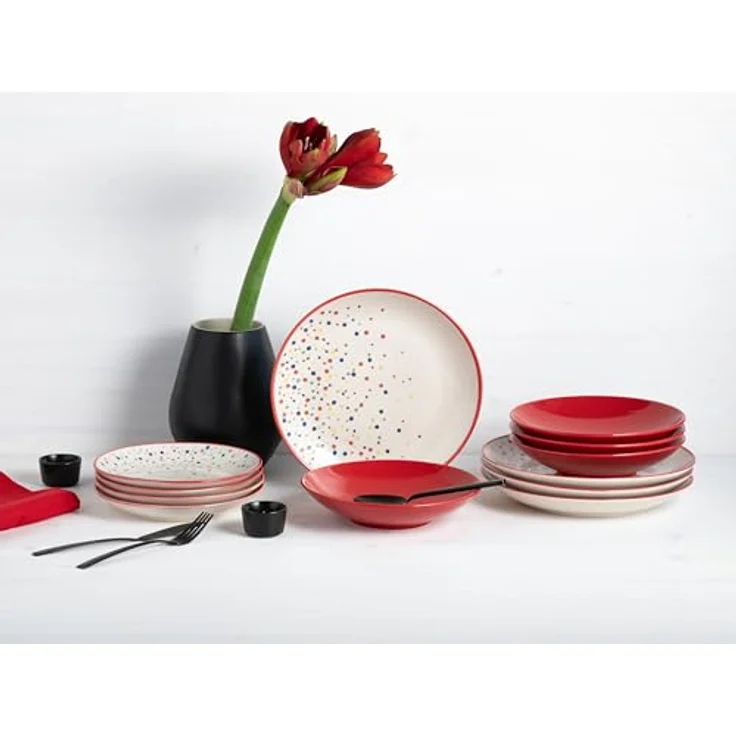 Creatable Tafelservice Joy, 12-teiliges Geschirrset in Creme und Rot, handbemalt, lebensmittelecht, stapelbar, Punkte-Design – Bild 1
