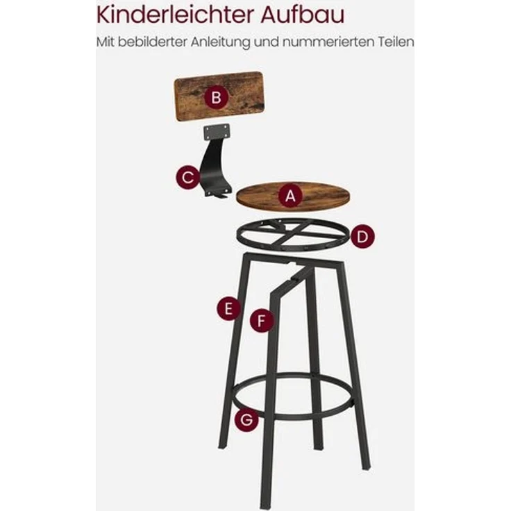 VASAGLE Barhocker, 4er Set, Barstühle, Küchenstühle mit stabilem Metallgestell, Sitzhöhe 73,2 cm, einfache Montage, Industrie-Design, vintagebraun-schwarz – Bild 5
