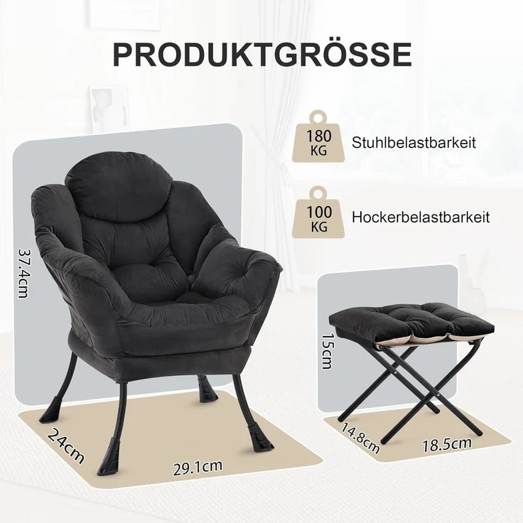 Sessel Lazy Chair Ottomane Ohrensessel Lesesessel Fußhocker Schwarz – Bild 2