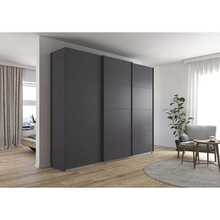 Rauch Möbel Kulmbach, Kleiderschrank mit Schwebetüren für Schlafzimmer, Kinderzimmer, Jugendzimmer, Garderobe, Flur, 3-türig, Zubehör Classic, Farbe Grau metallic, Schwarz, Breite 271 cm – Bild 2