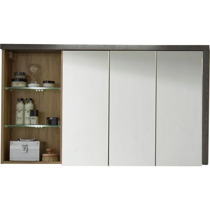 Spiegelschrank Bay 3-türig Eiche Riviera Honig und grau Beton Design 123 cm