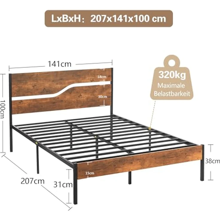 VECELO Bettgestell 140x200 cm Bettrahmen mit Lattenrost, Doppelbett Metallbett mit Dick Holzkopfteil, Modern Gästebett Jugendbett, Perfekt für Erwachsene und Jugendliche, Braun – Bild 3