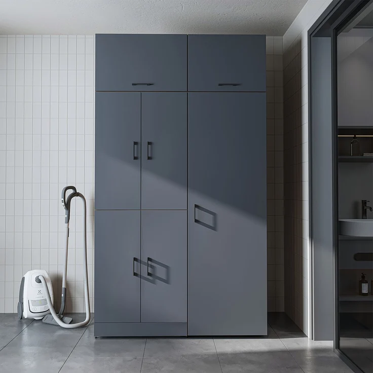 Roomart Waschmaschinenschrank- DORA-II- 130 cm breit – Waschmaschinen- & Trockner-Überbau mit Türen und Ausziehplatte, Bad & Waschküche • Anthrazit-Eiche – Bild 9