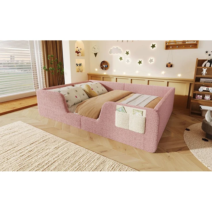 Polsterbett 140x190 cm aus Velours in Rosa mit abnehmbaren Seitengittern, ohne Matratze – Bild 9