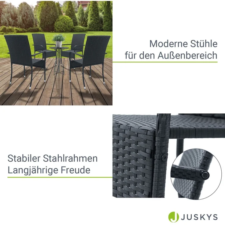 Juskys Polyrattan Gartenstühle Yoro 8er Set - mit Armlehnen & Rückenlehne - 8 Stühle stapelbar - Rattan Stuhl Garten - Stapelstuhl Schwarz – Bild 3