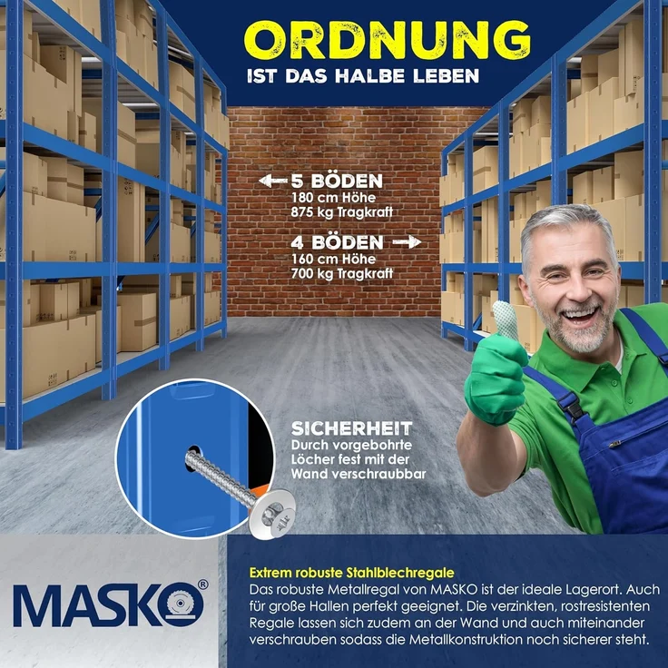 Masko 2er-Set Lagerregal Schwerlastregal, 5 verstellbare Ablagen, Metall orange / blau, 180 x 90 x 40 cm – Bild 5