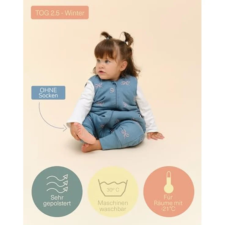 molis&co - Baby Schlafsack mit Füßen 2.5 TOG - Ganzjahres Schlafsack - Babyschlafsack mit Beinen - 100% Baumwolle (Oeko-TEX 100), Winterschlafsack Premium Qualität - Bows (80 cm) – Bild 6