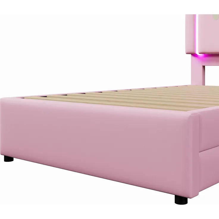 Prinzessinbett mit LED-Beleuchtung, Kopfteil und Schubladen, 90x200cm, Mädchenbett, Polsterbett für Mädchen, Einzelbett, Kunstleder – Bild 10