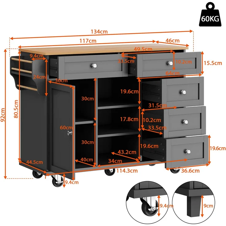 Küchenwagen Esszimmerwagen Servierwagen Schwarz mit Holzmaserung, Stauraum & Regalen, Rollwagen mit Griffen, Mobiler Beistellschrank – Bild 5