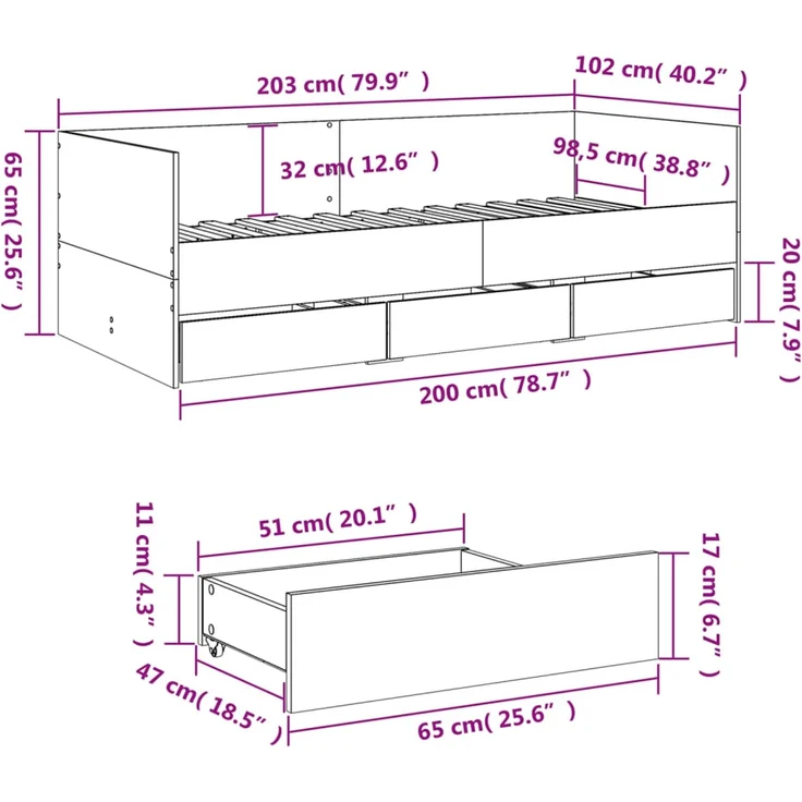 vidaXL Tagesbett mit Schubladen ohne Matratze Grau Sonoma 100x200 cm 3280816 – Bild 10