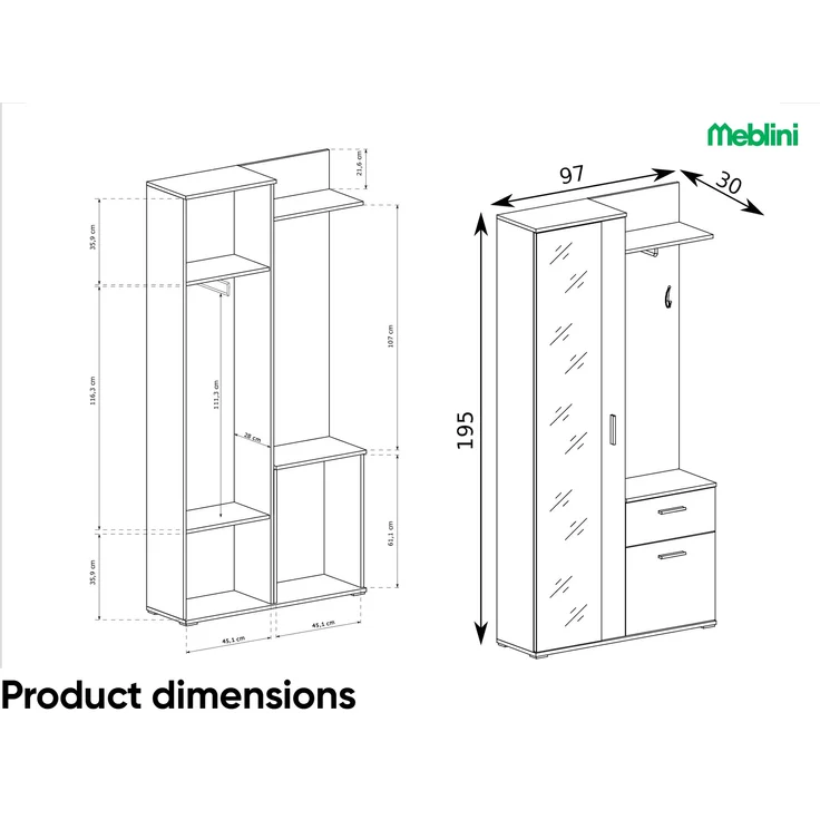 MEBLINI Garderobenschrank Flur mit Spiegel - LUXOR - 97x30x195cm R/L - Sonoma Eiche - Garderobe Schrank - Flurgarderobe schmal - Garderobe Flur Möbel Set - Flurschrank hoch – Bild 5