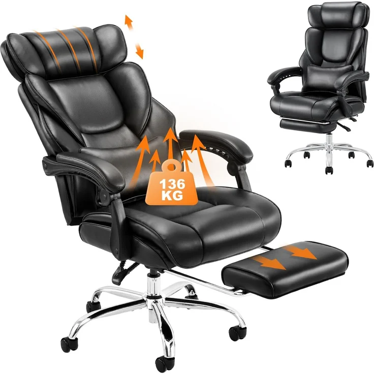 COLAMY Bürostuhl Leder mit Fußstütze, Ergonomischer Chefsessel für Homeoffice – Hohe Rückenlehne, 90–135° Neigefunktion, Gepolsterte Armlehnen, Office Chair mit Lendenkissen, Schwarz