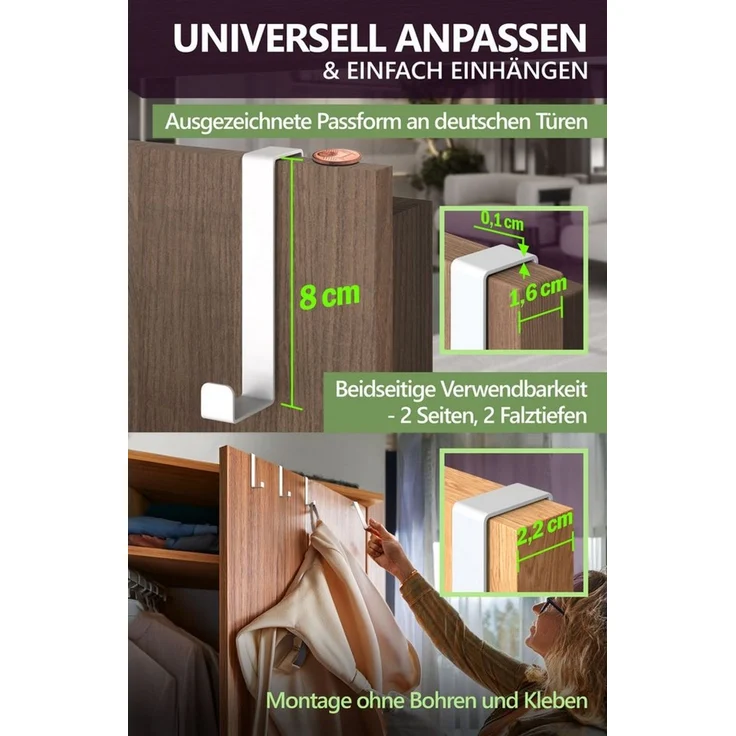 Lindenstein Türhaken Türhaken zum Einhängen 10er Set, Türen, (Packung, 10-St, 10), Bohrfrei, stark, langlebig, rostfrei, verformungsfest – Bild 4