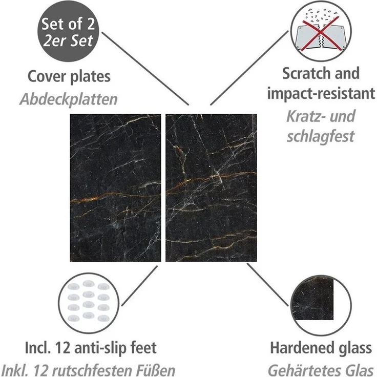 Allstar Glasabdeckplatten Marmor, 2er Set, rutschfeste Herdabdeckung für Glaskeramikkochfelder in Marmor-Optik, praktische Arbeitsflächenerweiterung in der Küche, Gehärtetes Glas, 30 x 52cm, Schwarz – Bild 2