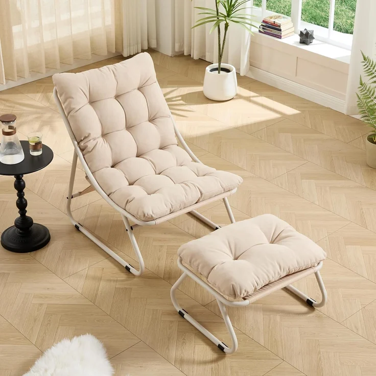 LVHOM Sessel mit Hocker, Gepolsterter Loungesessel aus Cord mit Metallgestell, ergonomischer Relaxsessel für Wohnzimmer und Schlafzimmer, Beige – Bild 4