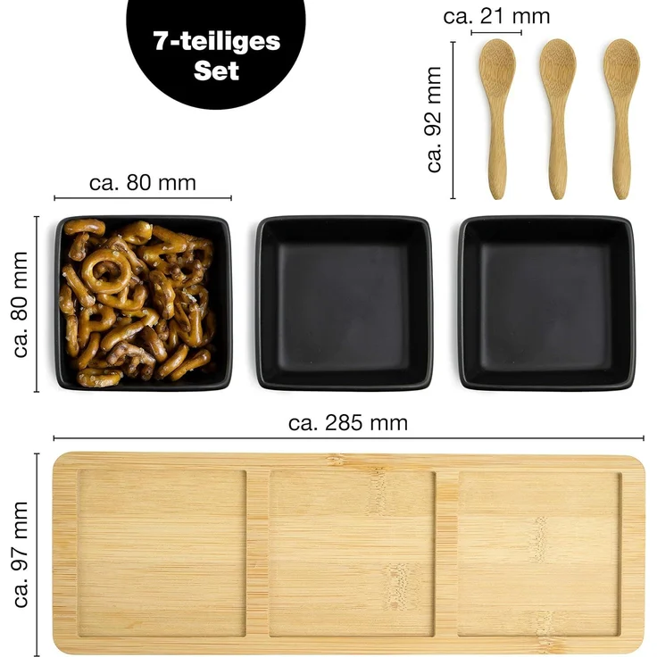 Moritz & Moritz Servierplatte Servierplatte mit Dip Schälchen, Schiefer, Keramik, Bambus, (Curry, 7-tlg) – Bild 2