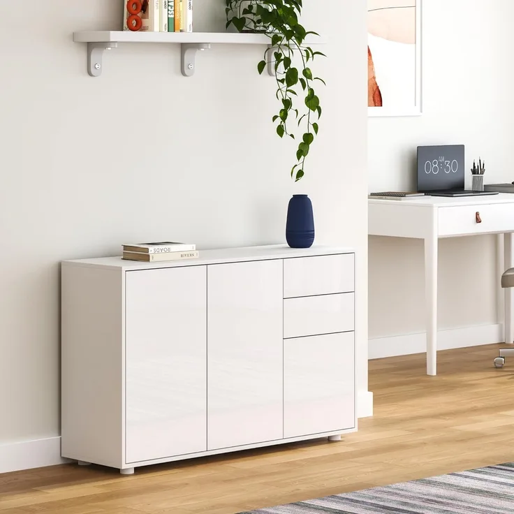 Sideboard Paarl 74x117x36 cm mt 2 Schubladen und 3 Schranktüren Weiß hochglanz en. casa