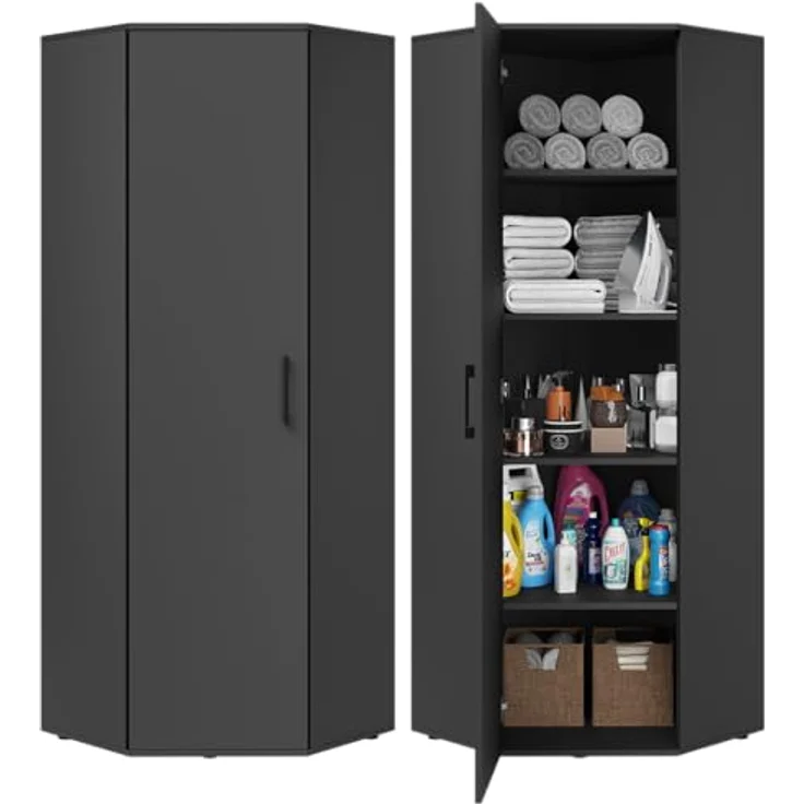 Bellamio Apol Eckschrank schwarz – großer Mehrzweckschrank – Allzweckschrank aus Holz – Haushaltsschrank mit 5 Fächern – Aktenschrank für Flur/Küche/Büro – Putzschrank – Aufbewahrungsschrank – Bild 1