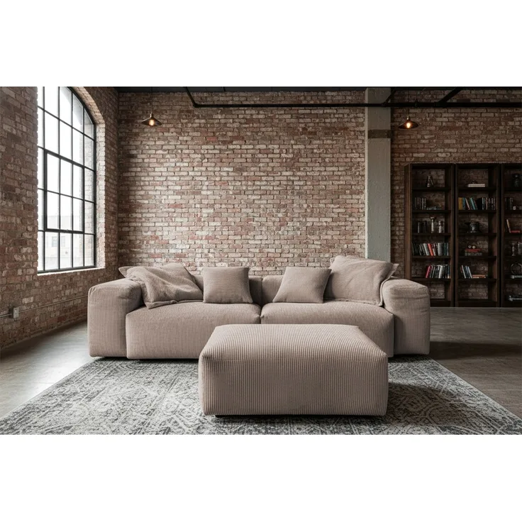 KAWOLA Sofa CELESTE 4-Sitzer mit Hocker Cord taupe 72 x 114 x 302 cm