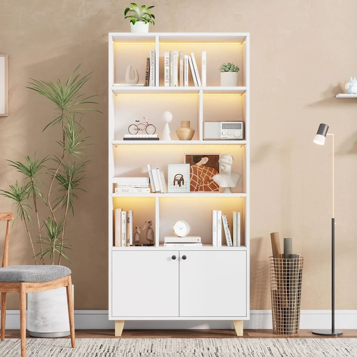 Flieks Bücherregal mit LED 80×30×173 cm, Standregal weiß, Regal mit Türen & offenen Fächern, Massivholzbeine, Fernbedienung – Bild 2