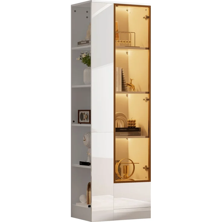 Vitrine mit Glastür & LED-Beleuchtung – Hochglanz-Schrank mit Schubladen & offenen Fächern, viel Stauraum für Wohnzimmer & Esszimmer, Weiß, 50x35x160 cm – Bild 10