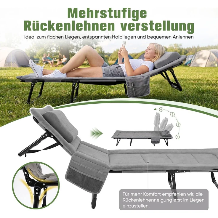 Sekey Feldbett Verstellbar Campingbett Klappbar Gästebett mit Matratze und Kissen, 193 x 70 x 29 cm, Grau – Bild 2