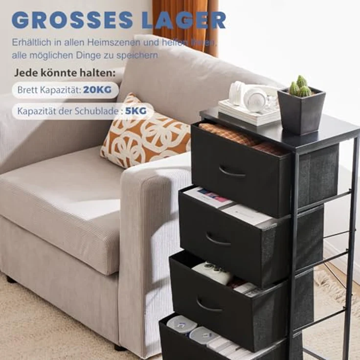 DUMOS Kommode mit Schubladen - Kommoden & Sideboards für Schlafzimmer Geeignet, Komodenschrank mit 4 Schubladen, Stoffkommode mit Stabilem Stahlrahmen, Ideal für Schlafzimmer, Wohnzimmer (Schwarz) – Bild 4