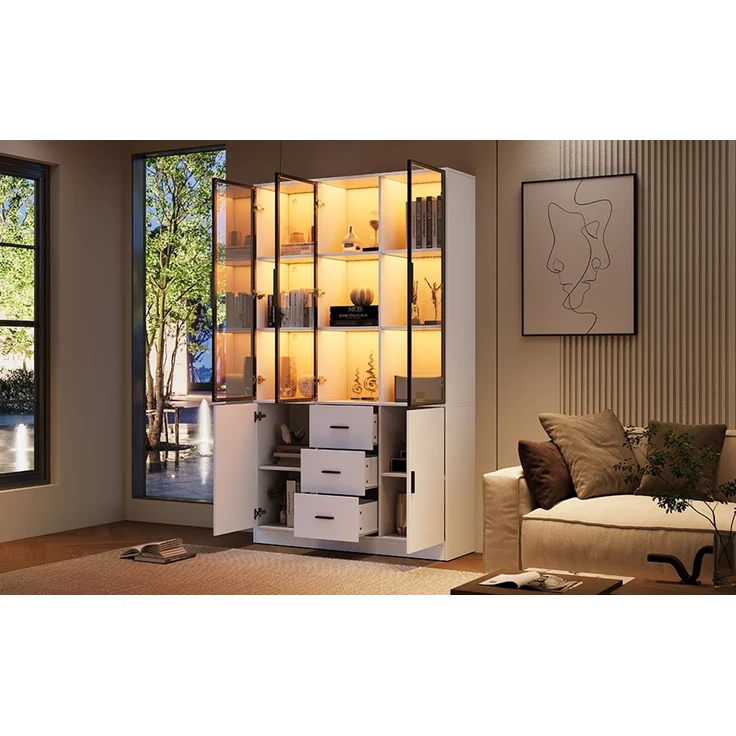 ZUBALIYA Vitrine mit Glasschrank Tür und LED-Licht, Vitrinenschrank Glasvitrine mit MultiStorage Bücherregal, Highboard Sammlervitrine mit Griff, 3 Schubladen & Türen, Wohnzimmerschrank, Weiß – Bild 25