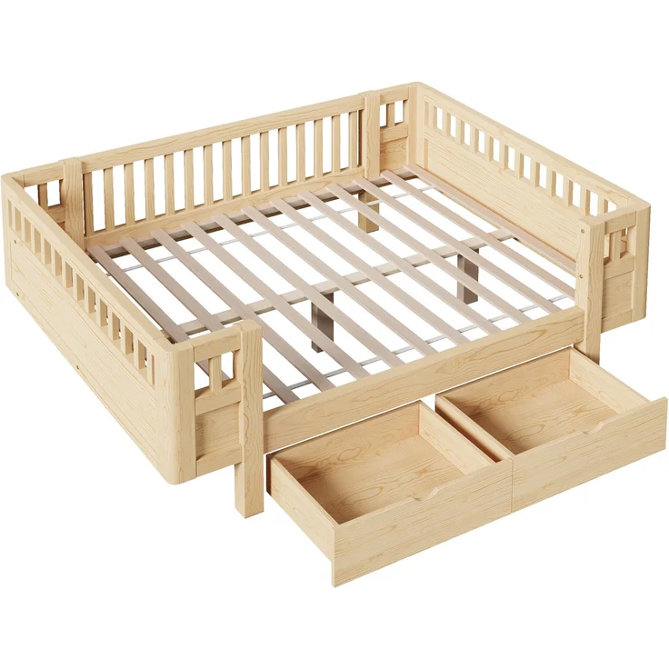 Merax Hochbett 140x200 Kinderbett, mit hohem Schutzgitter & zwei großen Schubladen, Holzfarbe – Bild 8