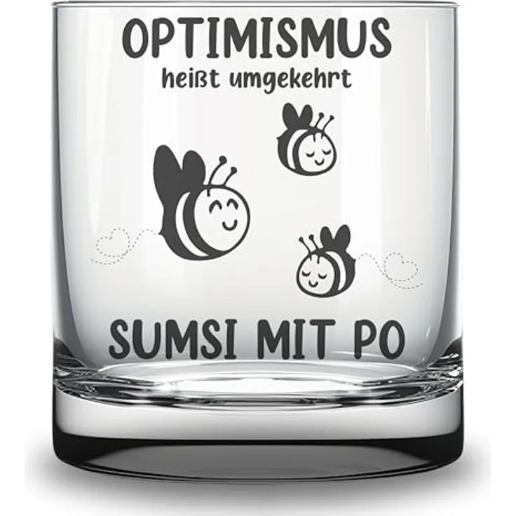 Lasernauten Whiskyglas Glas mit Gravur "Optimismus - Sumsi mit Po" lustiges Geschenk Bienchen, mit Gravur