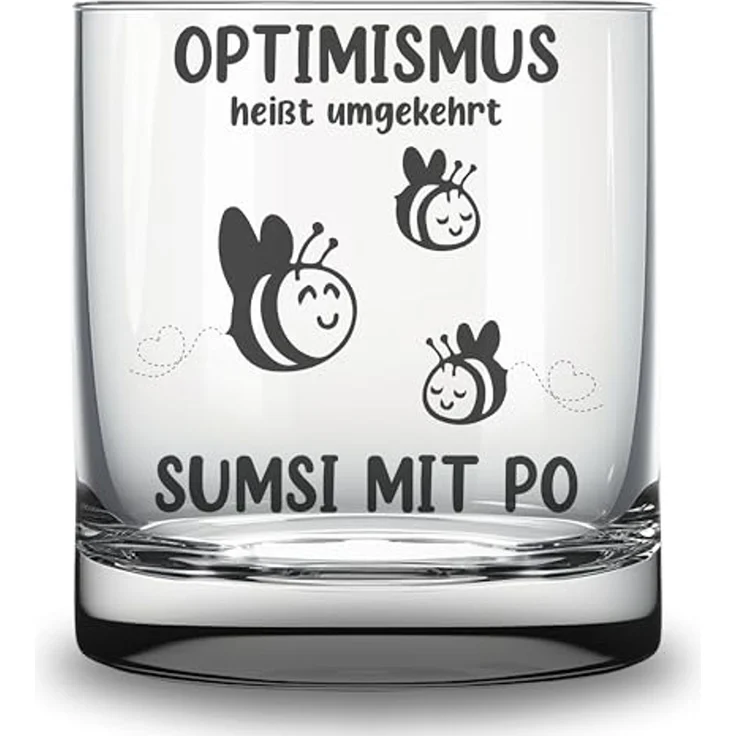 Lasernauten Whiskyglas Glas mit Gravur "Optimismus - Sumsi mit Po" lustiges Geschenk Bienchen, mit Gravur – Bild 1