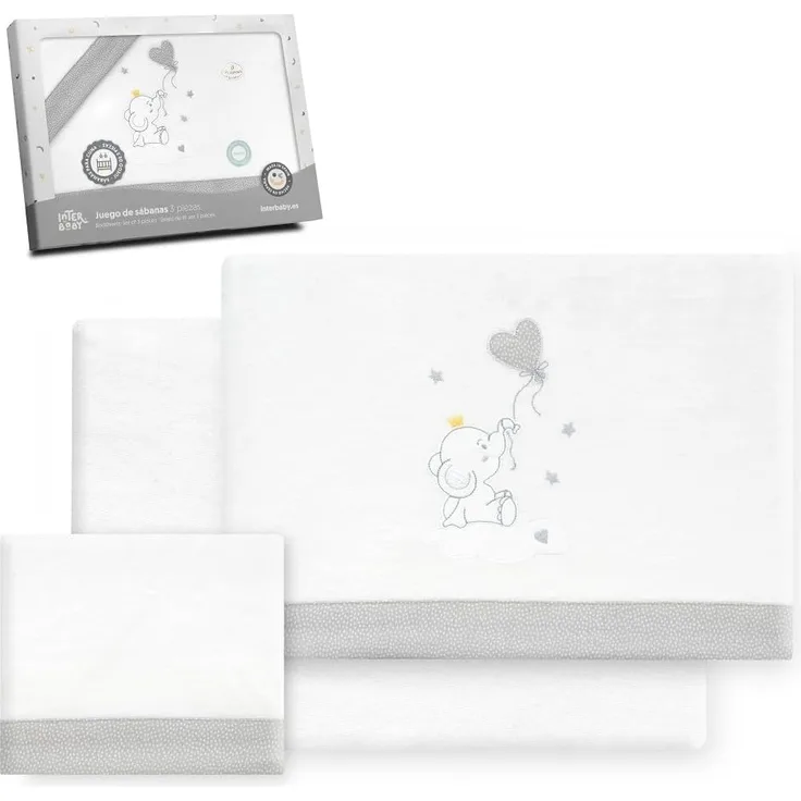 Interbaby Bettwäsche-Set für Kinderbett, 60x120 cm, 100% Baumwolle, warm, weich, inklusive Spannbettlaken, Bettbezug und Kissenbezug, ideal für den Winter, Elefantenballon Herz, Weiß/Grau
