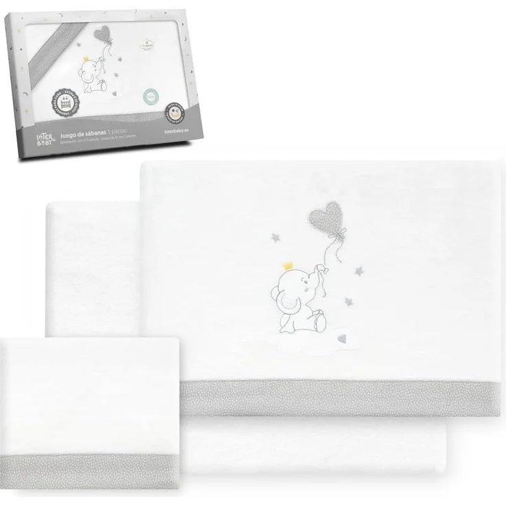 Interbaby Bettwäsche-Set für Kinderbett, 60x120 cm, 100% Baumwolle, warm, weich, inklusive Spannbettlaken, Bettbezug und Kissenbezug, ideal für den Winter, Elefantenballon Herz, Weiß/Grau