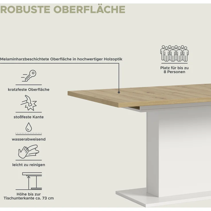 Kulissen-Esstisch >Motion< ausziehbar 190cm, weiß / artisan Eiche Dekor - 150/190x76x90cm (BxHxT) – Bild 8