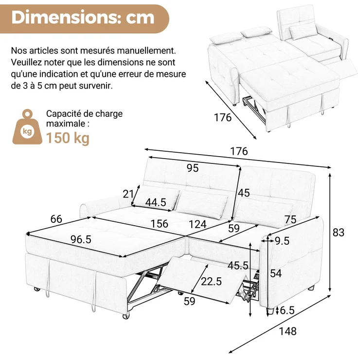 EINHOM 3-Sitzer Schlafsofa Ausziehbar – 3-in-1 Sofabett aus Chenille-Stoff, ausziehbare Liegefläche, 3-fach verstellbare Rückenlehne (90°, 145°, 180°) & Schlaffunktion – Bild 2