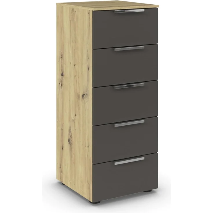 Rauch Möbel Flipp, Kommode für Schlafzimmer, Kinderzimmer, Wohnzimmer, Jugendzimmer, Flur, Garderobe, 5 Schubladen, mit Softclose Funktion, Farbe Eiche Artisan, Holz/Graphit, Schwarz, Breite 40 cm